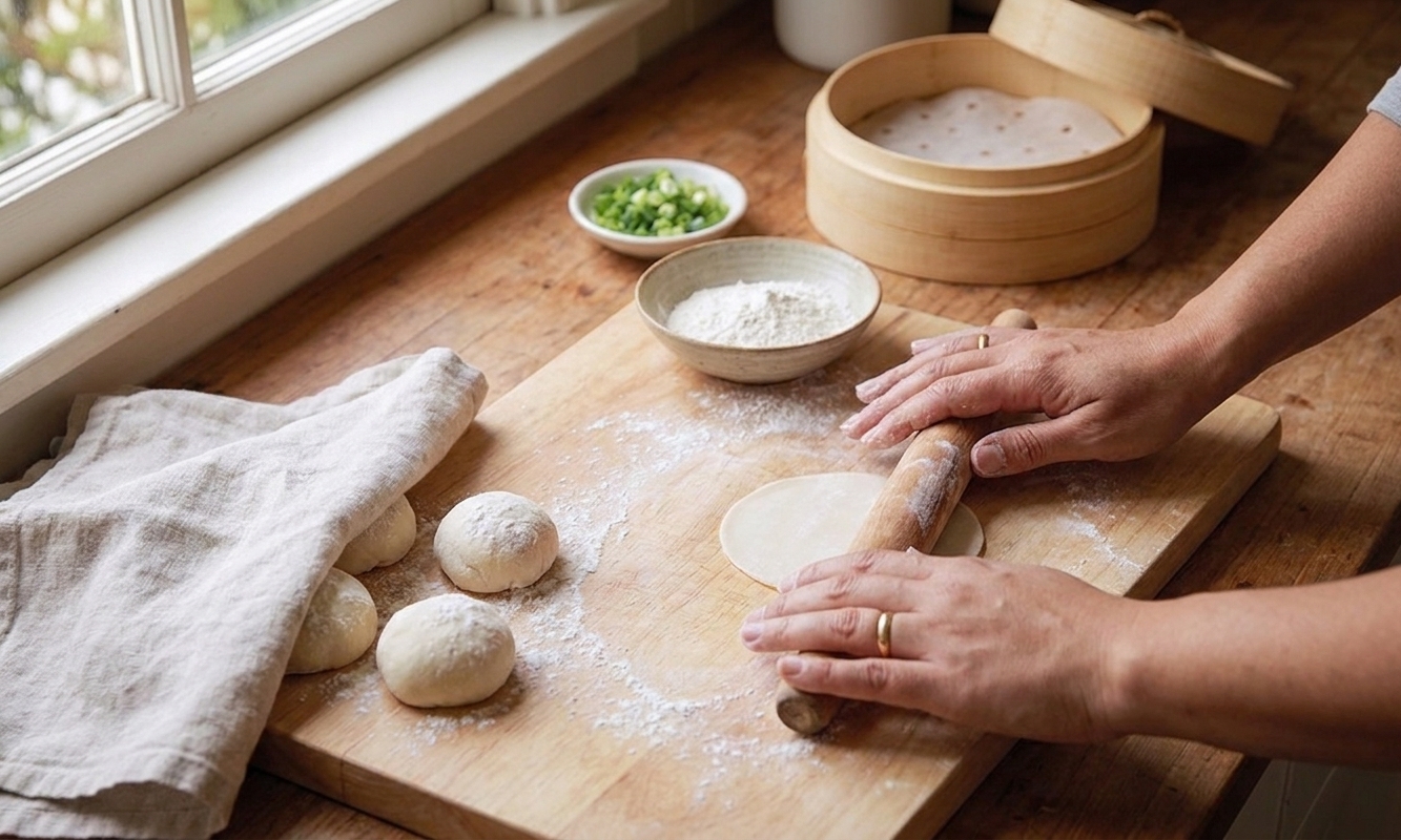Hands using a small rolling pin to roll a dumpling wrapper on a lightly floured wooden board, with several dough pieces covered nearby
