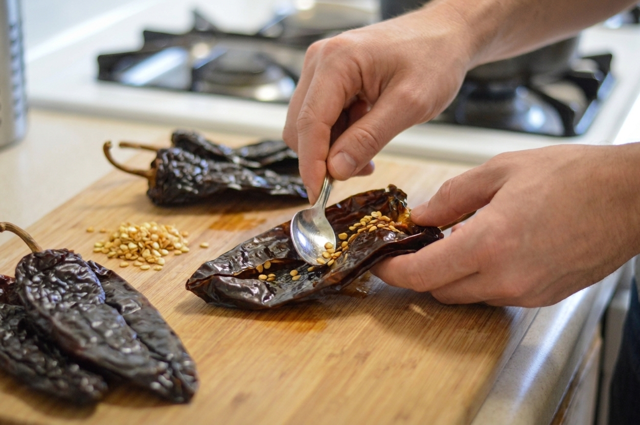 Hands using a small spoon to remove seeds from a soaked ancho chile on a cutting board