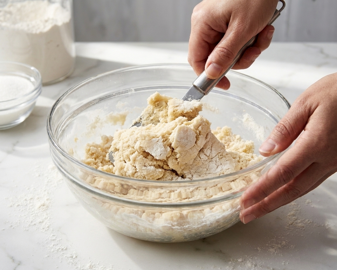 Hands using a spatula to fold a pale cookie dough together in a mixing bowl on a home kitchen counter