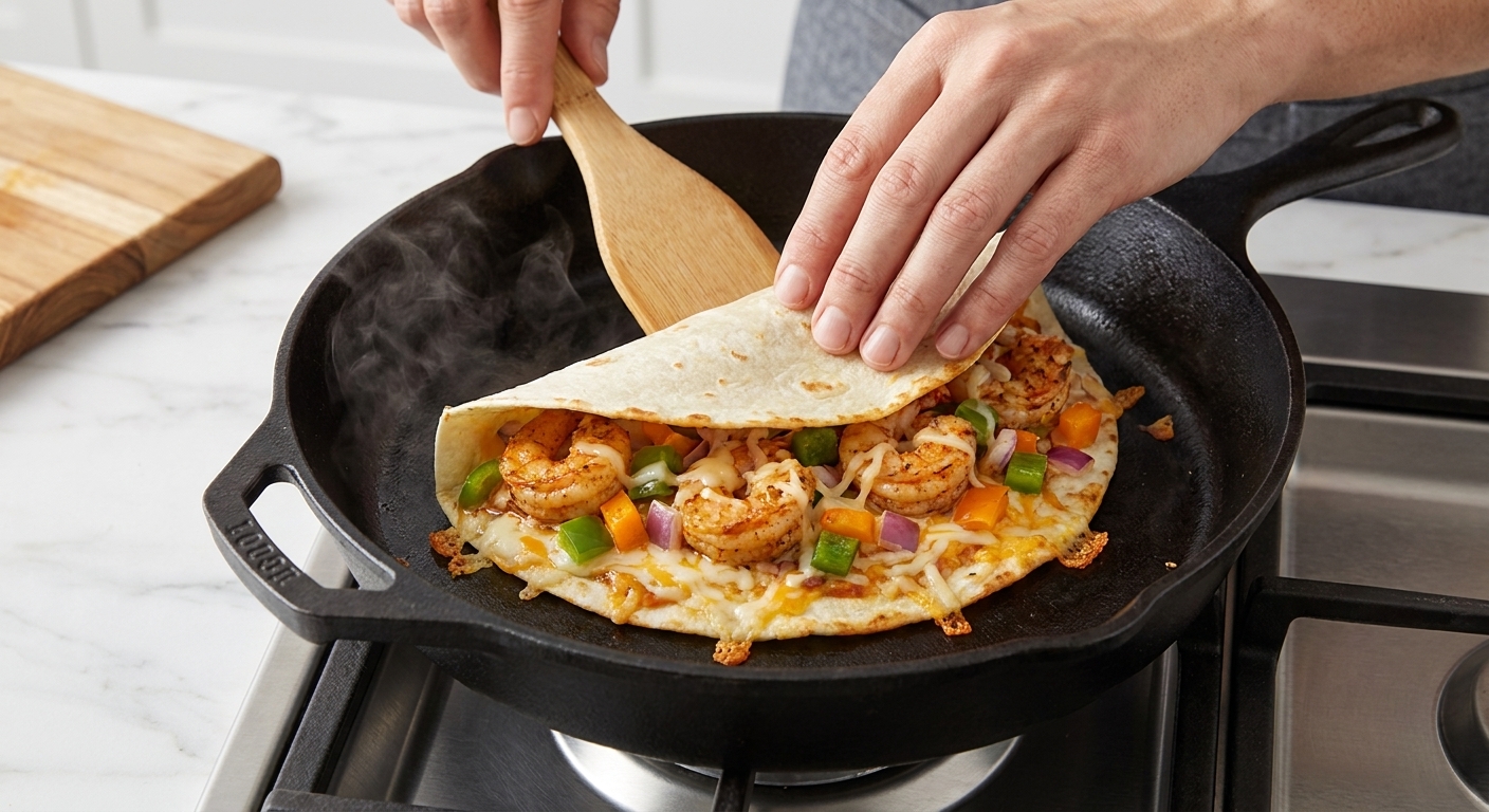 Hands using a spatula to fold a tortilla over shrimp and cheese in a skillet as the edges begin to turn golden