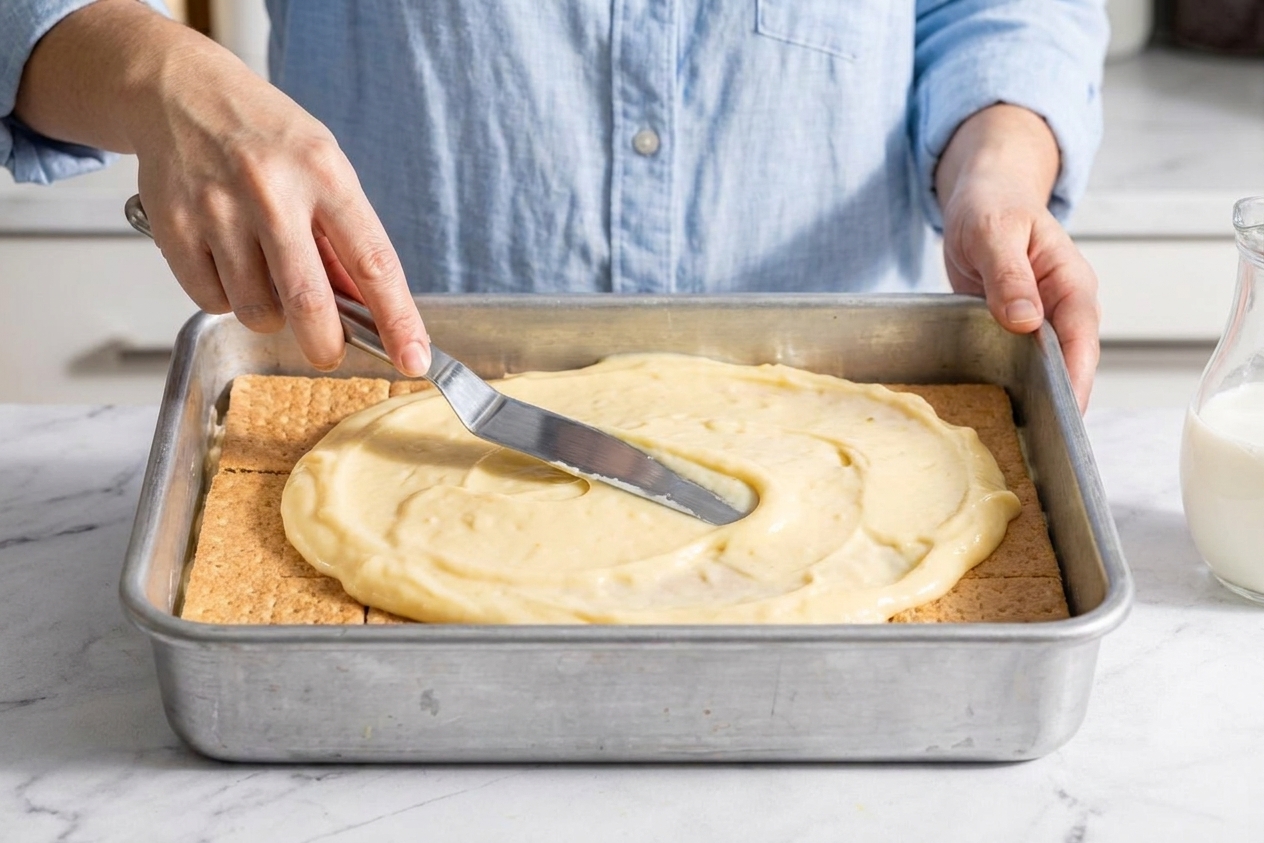 Hands using a spatula to spread creamy vanilla pudding filling evenly over a layer of graham crackers in a 9x13 baking dish