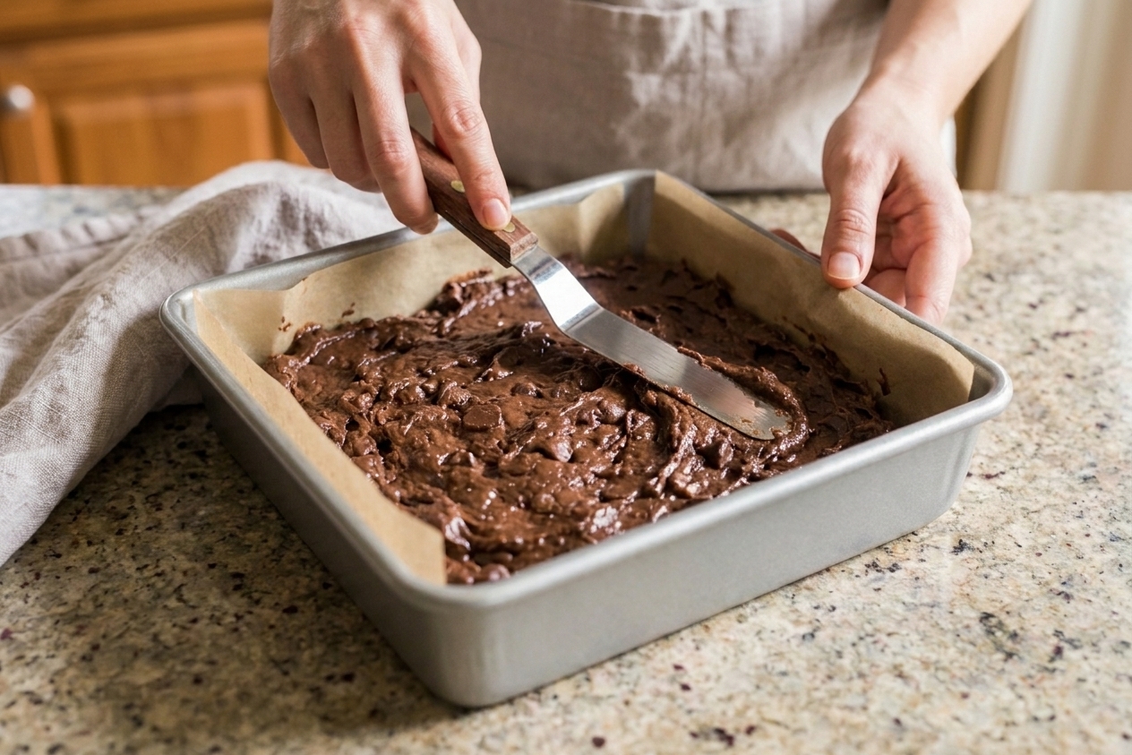 Hands using a spatula to spread thick chocolate protein brownie batter evenly in a parchment-lined square baking pan