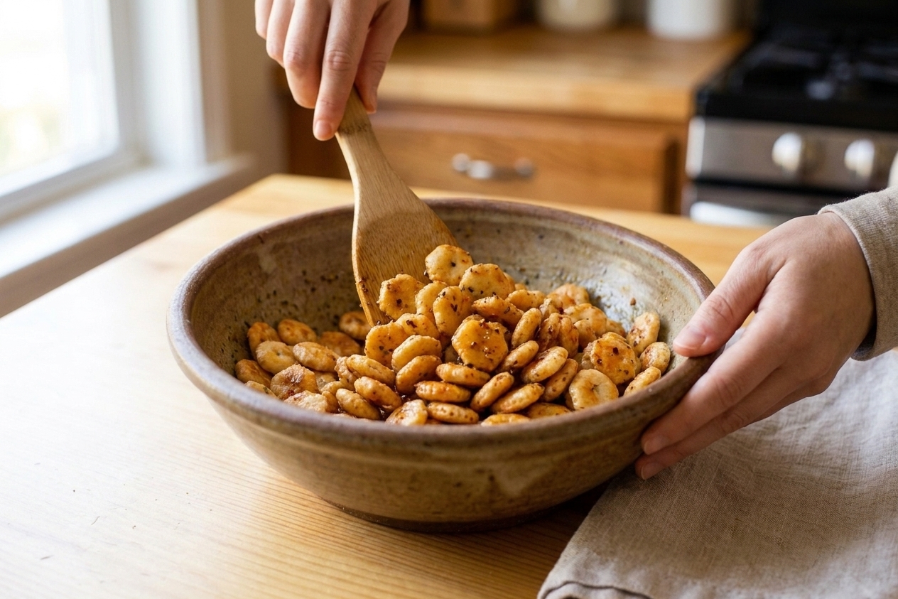 Hands using a spatula to toss oyster crackers in a large bowl coated with a spicy ranch seasoning mixture