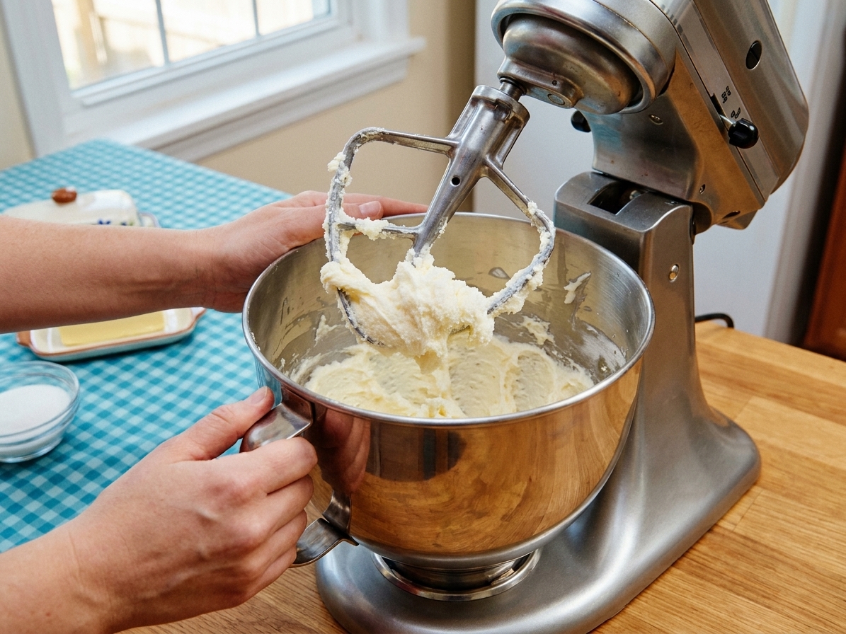Hands using a stand mixer to cream butter, cream cheese, and sugar until fluffy in a stainless steel mixing bowl on a home kitchen counter