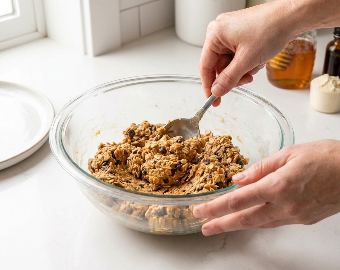 Hands using a sturdy spoon to mix a thick protein ball dough in a glass bowl on a bright kitchen counter