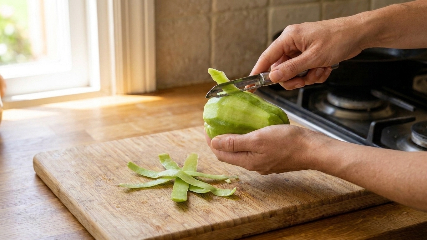 Hands using a vegetable peeler to peel a green chayote over a wooden cutting board on a bright kitchen counter