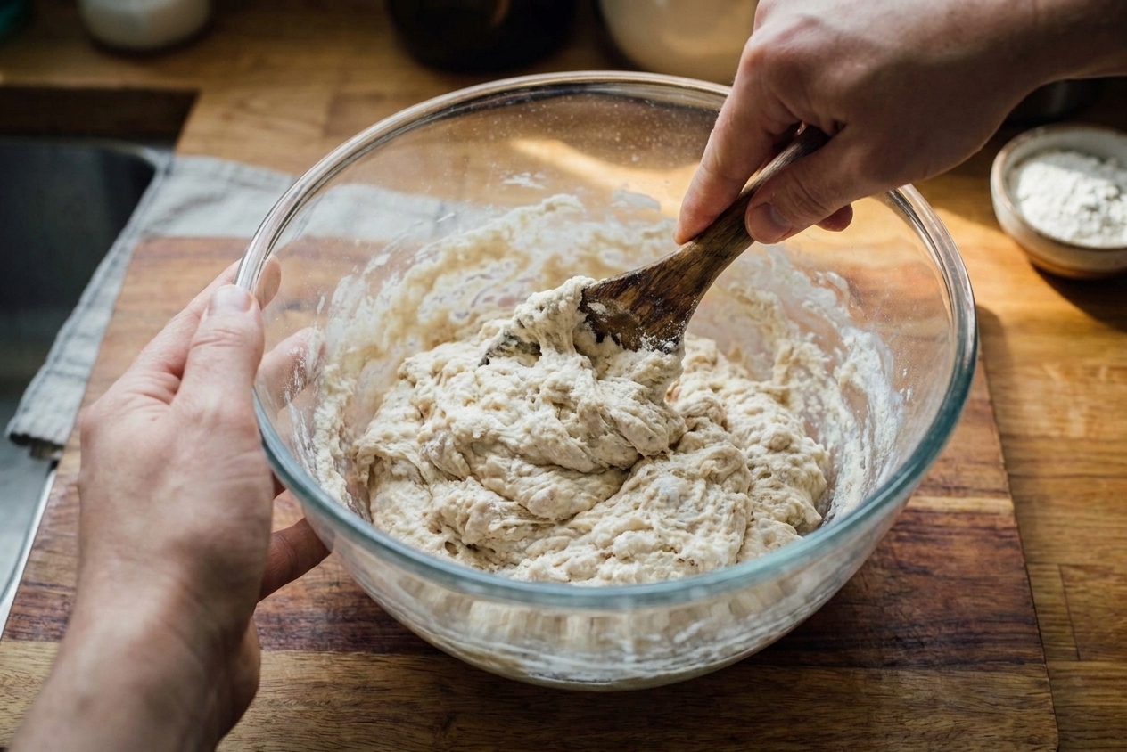Hands using a wooden spoon to mix shaggy sourdough dough in a large glass bowl on a kitchen counter
