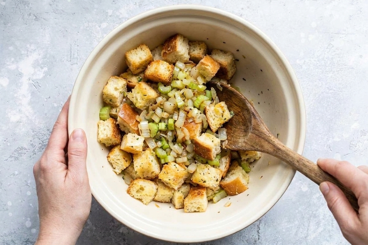 Hands using a wooden spoon to toss bread cubes with buttery onion and celery in a large mixing bowl on a kitchen counter