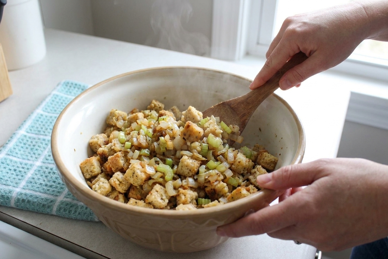 Hands using a wooden spoon to toss seasoned stuffing cubes with sautéed onions and celery in a large mixing bowl on a kitchen counter