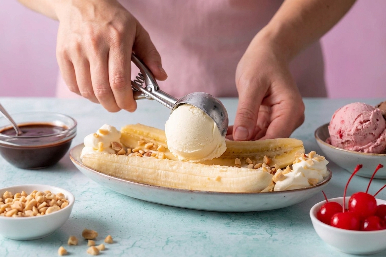 Hands using an ice cream scoop to place a round scoop of ice cream into a banana split dish with banana halves already arranged