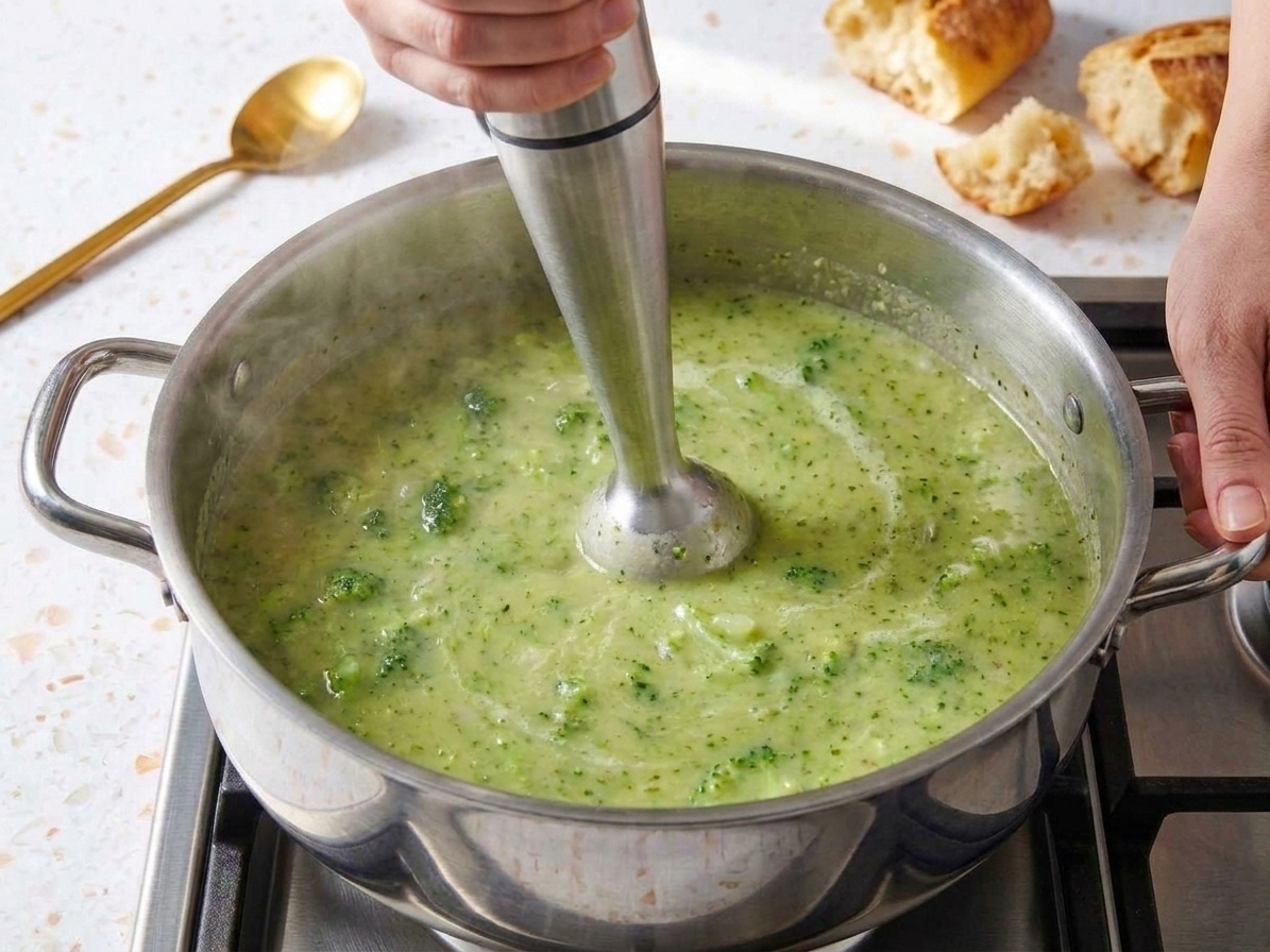 Hands using an immersion blender to puree broccoli soup directly in the pot on a stovetop