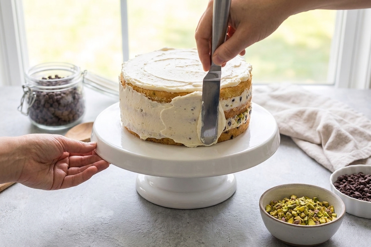 Hands using an offset spatula to frost the side of a cannoli cake on a rotating cake stand in a bright home kitchen