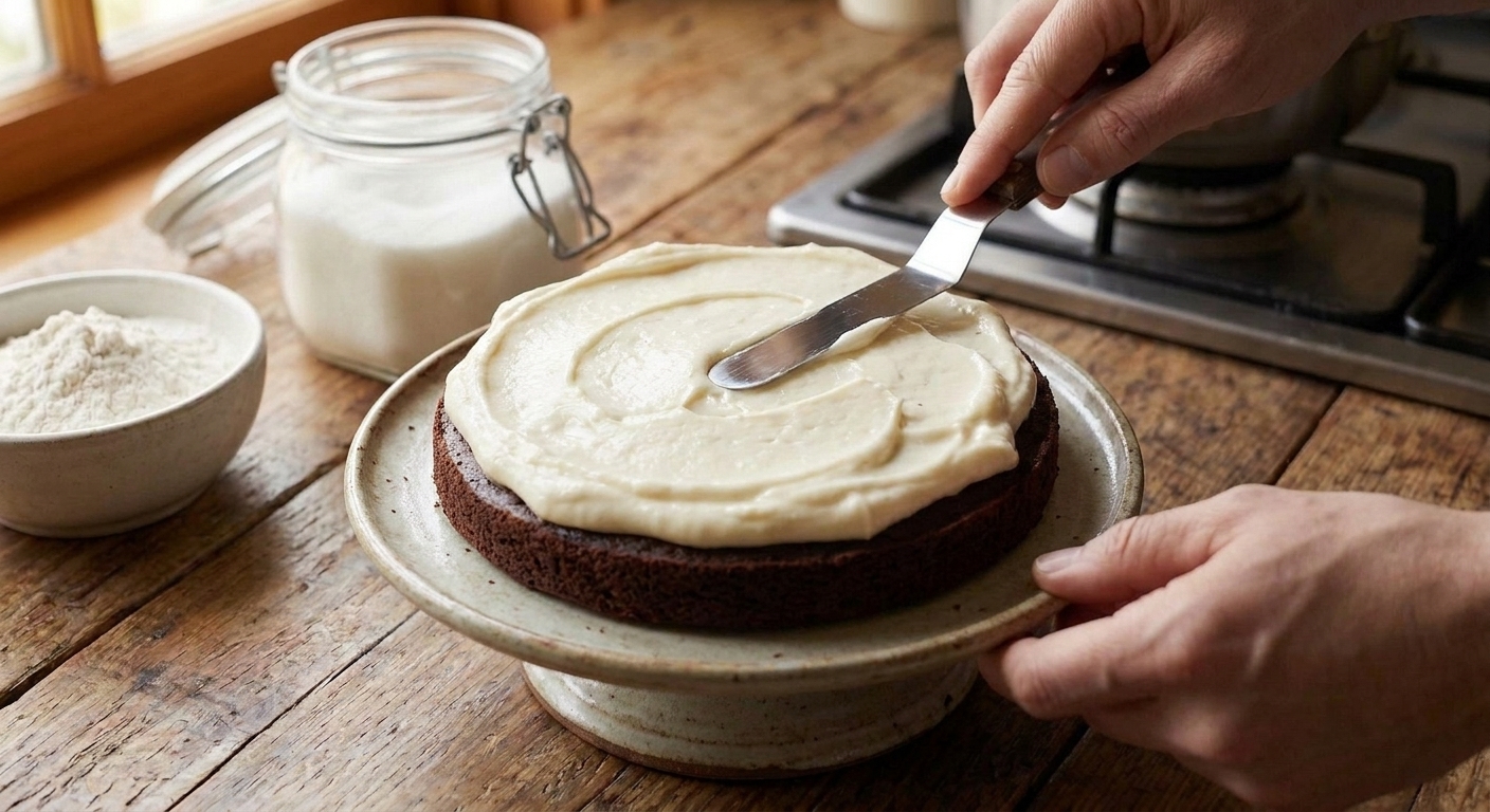 Hands using an offset spatula to spread a thick layer of ermine frosting onto a chocolate cake layer on a cake stand