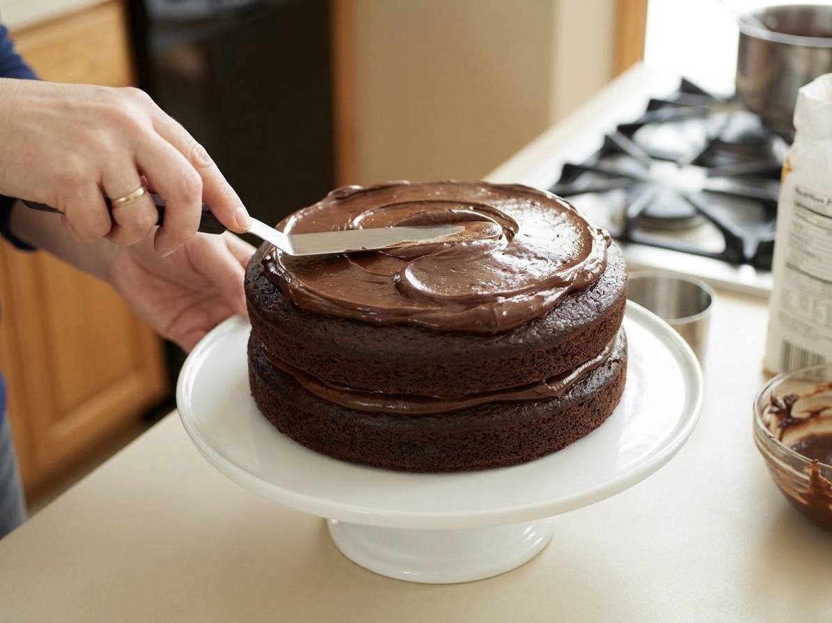 Hands using an offset spatula to spread chocolate frosting over a stacked two-layer chocolate cake on a cake stand