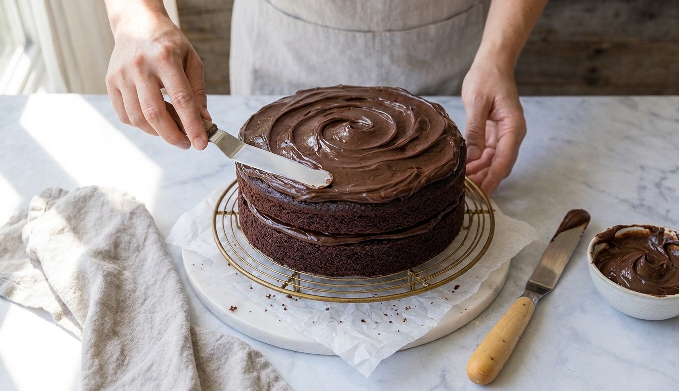 Hands using an offset spatula to spread chocolate frosting in swirls over a stacked chocolate cake on a cake stand