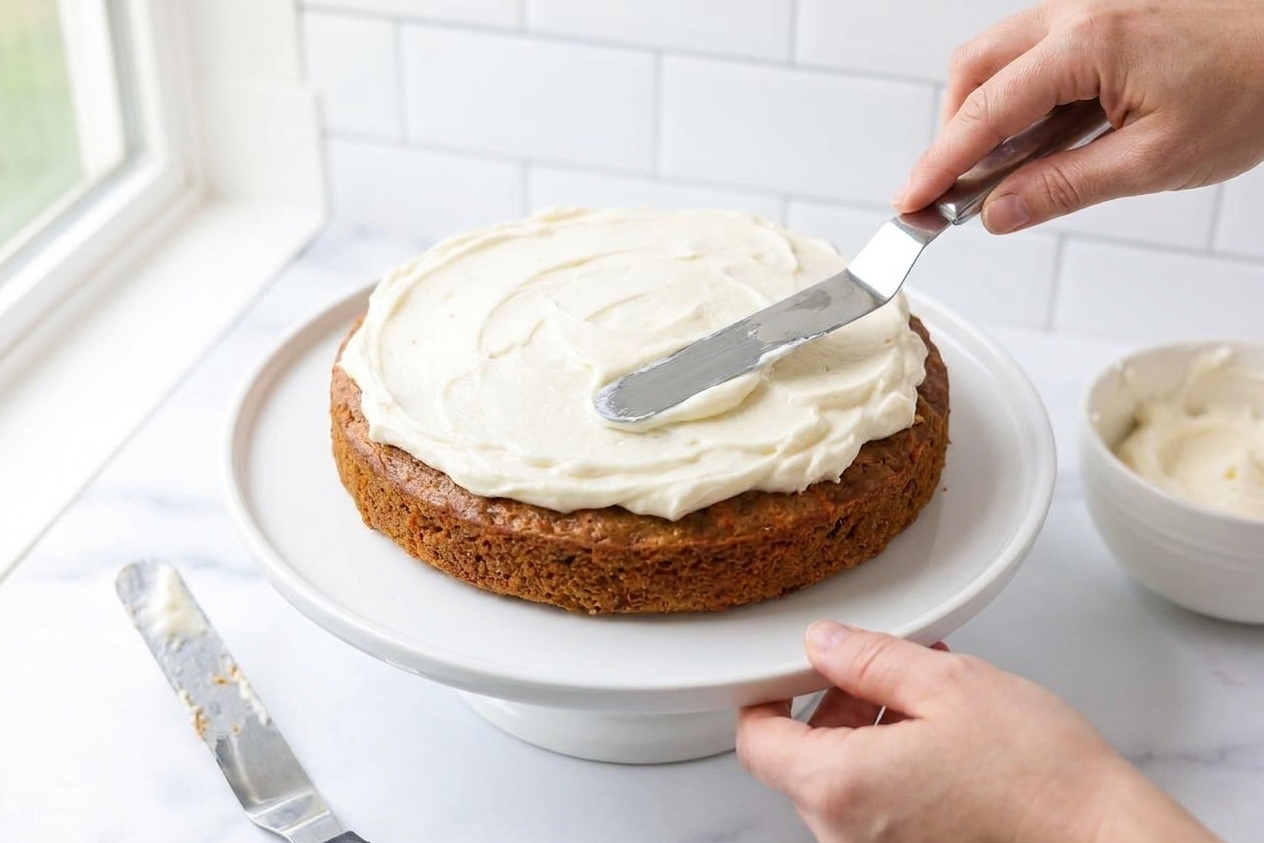 Hands using an offset spatula to spread cream cheese frosting over a carrot cake layer on a cake stand in a home kitchen