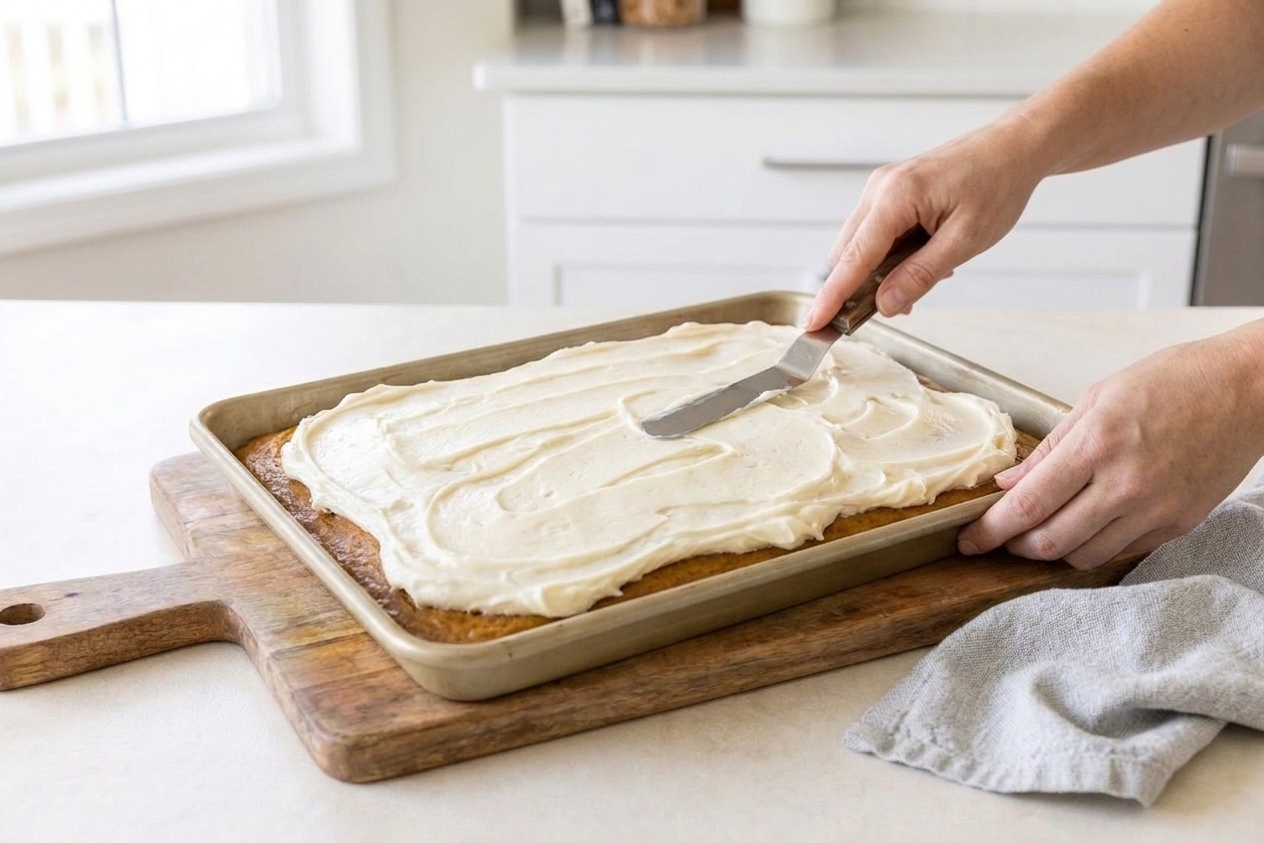 Hands using an offset spatula to spread cream cheese frosting over a cooled pumpkin spice sheet cake in its baking pan
