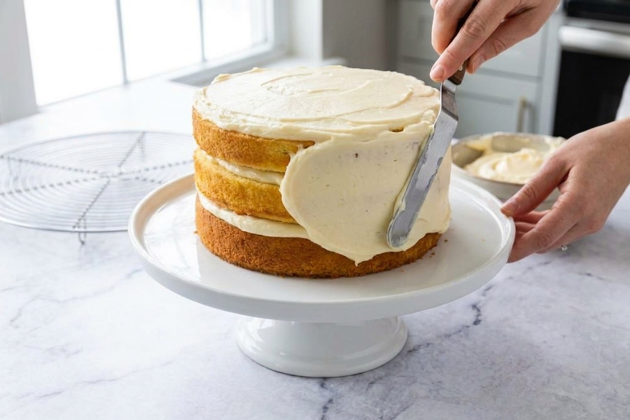 Hands using an offset spatula to spread creamy vanilla frosting over a stacked layer cake on a cake stand