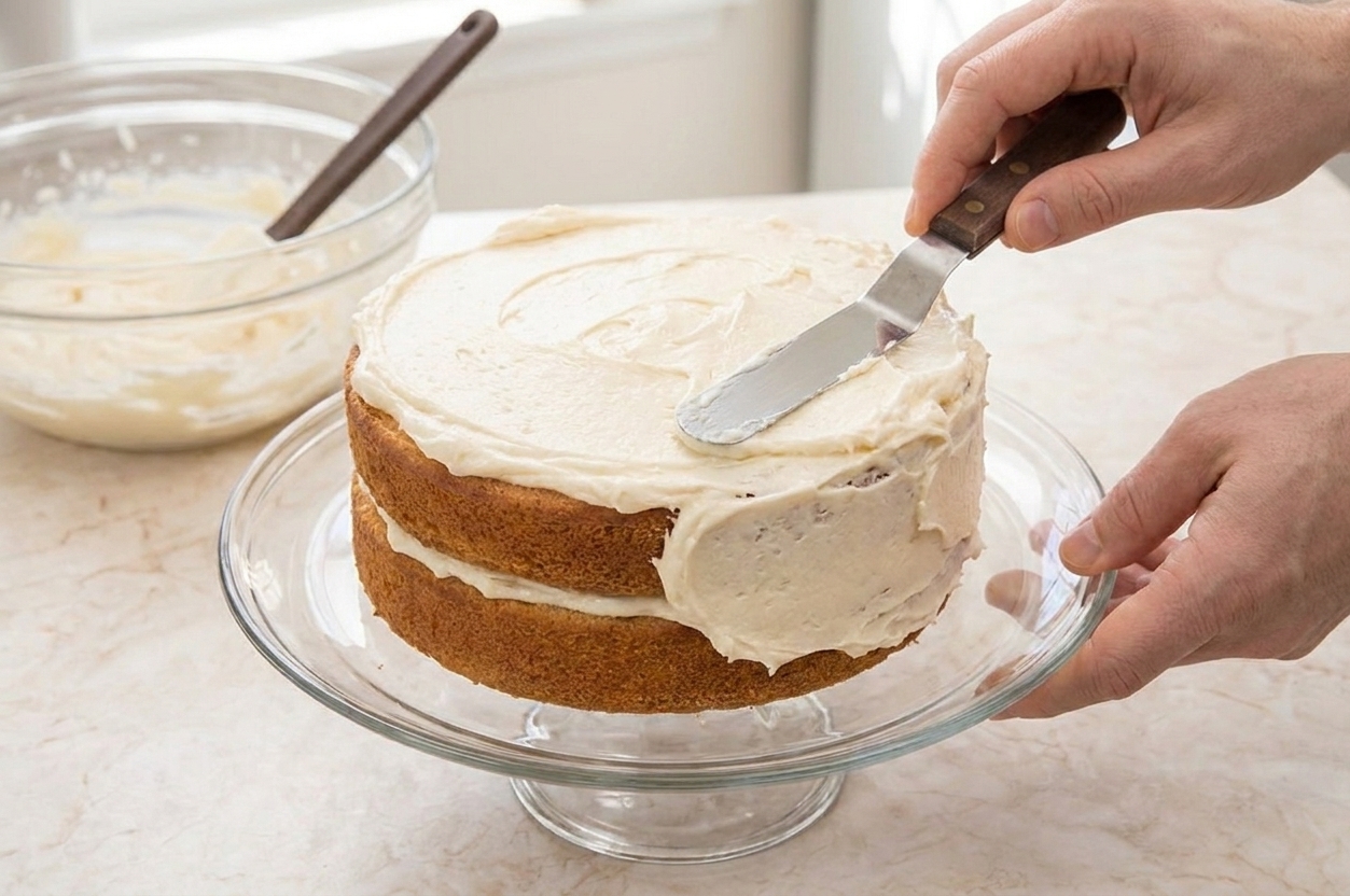 Hands using an offset spatula to spread dairy-free buttercream over a two-layer vegan vanilla cake on a cake stand