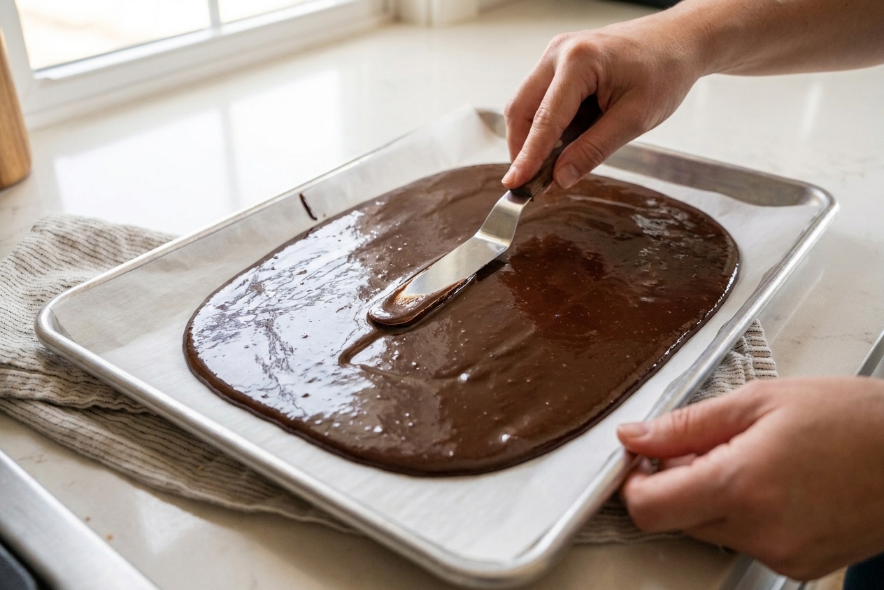 Hands using an offset spatula to spread glossy cocoa mixture into a thin layer on parchment paper