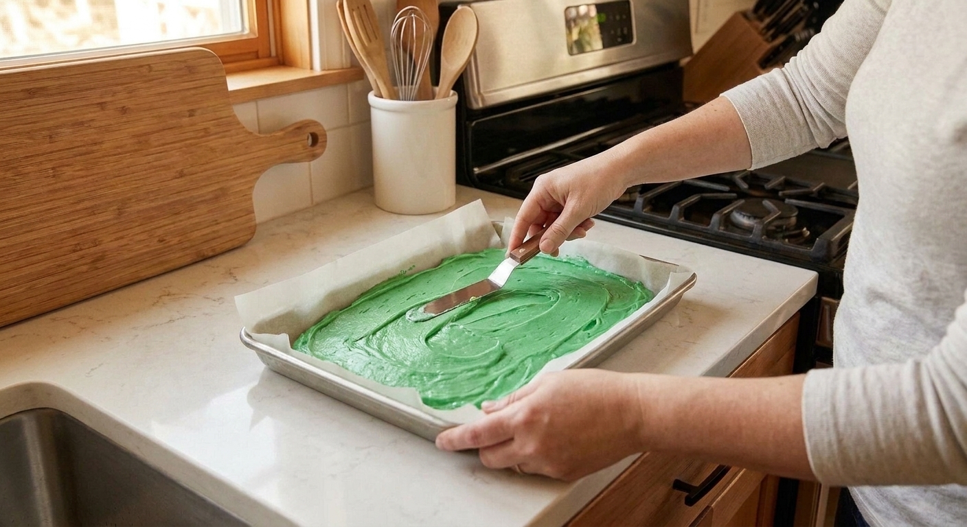 Hands using an offset spatula to spread green-tinted rainbow cookie batter evenly in a parchment-lined 9x13-inch baking pan on a kitchen counter
