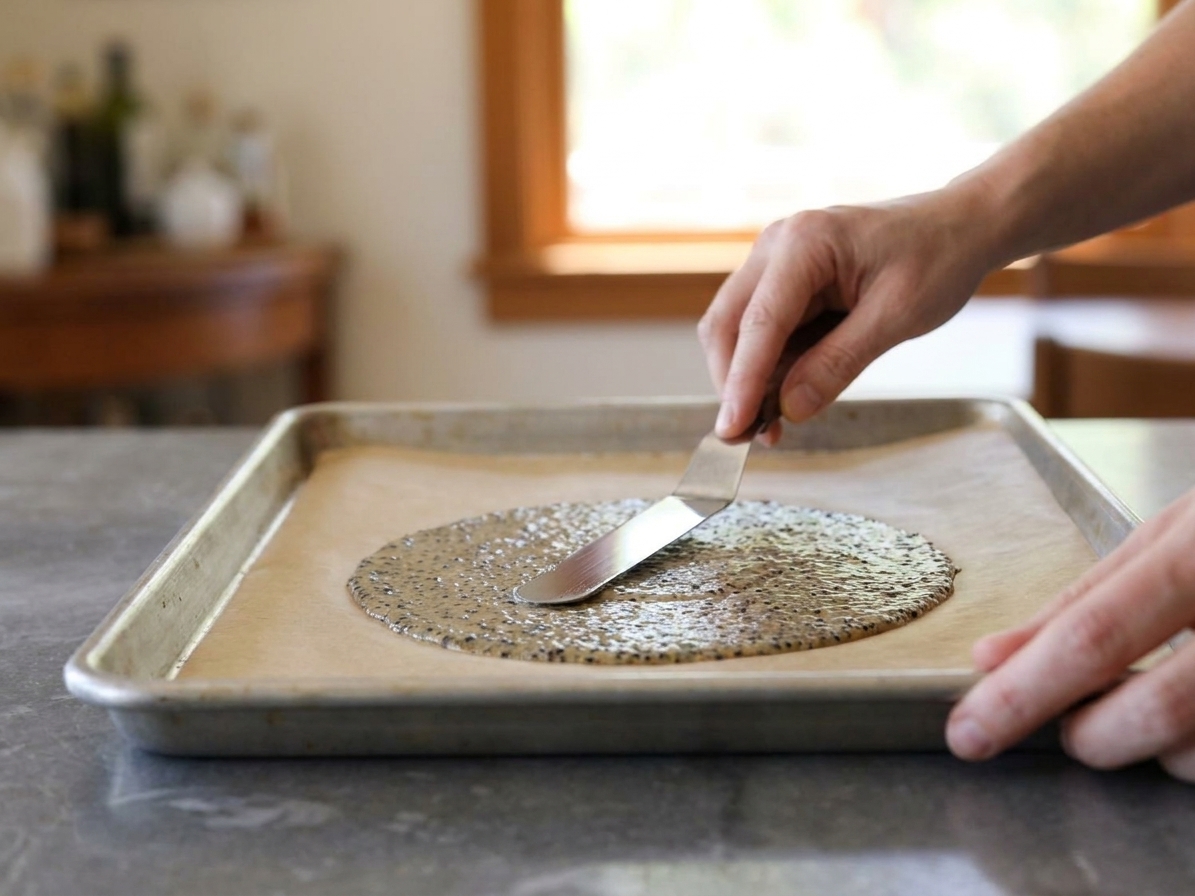 Hands using an offset spatula to spread rice cracker batter into a thin layer on a parchment-lined baking sheet under warm kitchen light