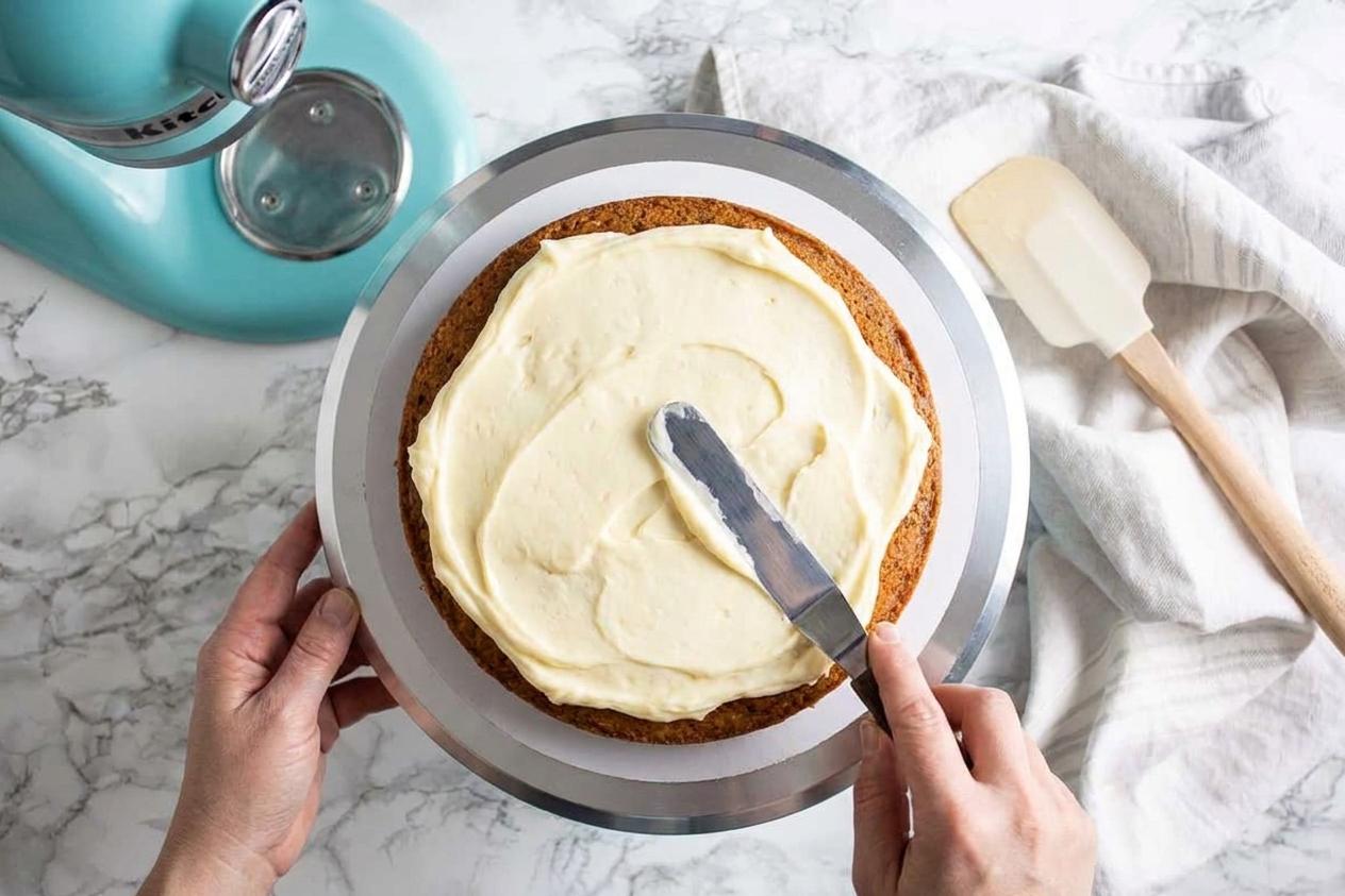 Hands using an offset spatula to spread thick cream cheese frosting over a carrot cake layer on a rotating cake stand in a home kitchen