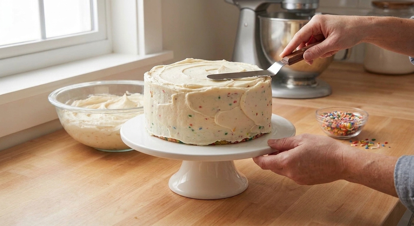 Hands using an offset spatula to spread vanilla buttercream over a funfetti layer cake on a rotating cake stand