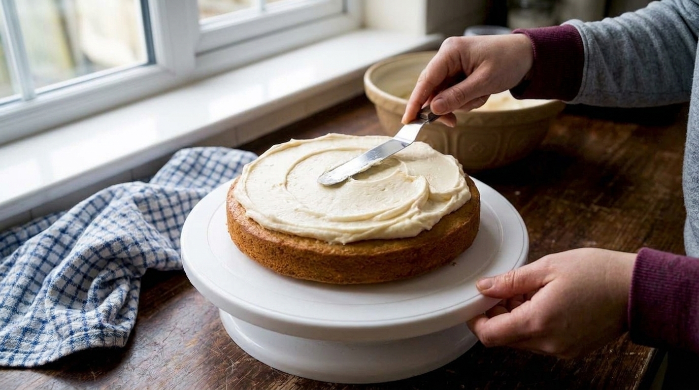 Hands using an offset spatula to spread vanilla buttercream over a cooled round cake on a turntable