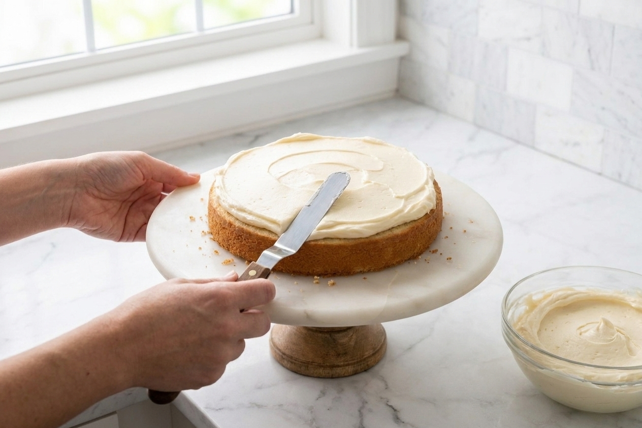Hands using an offset spatula to spread vanilla buttercream over a gluten free vanilla cake layer on a cake stand