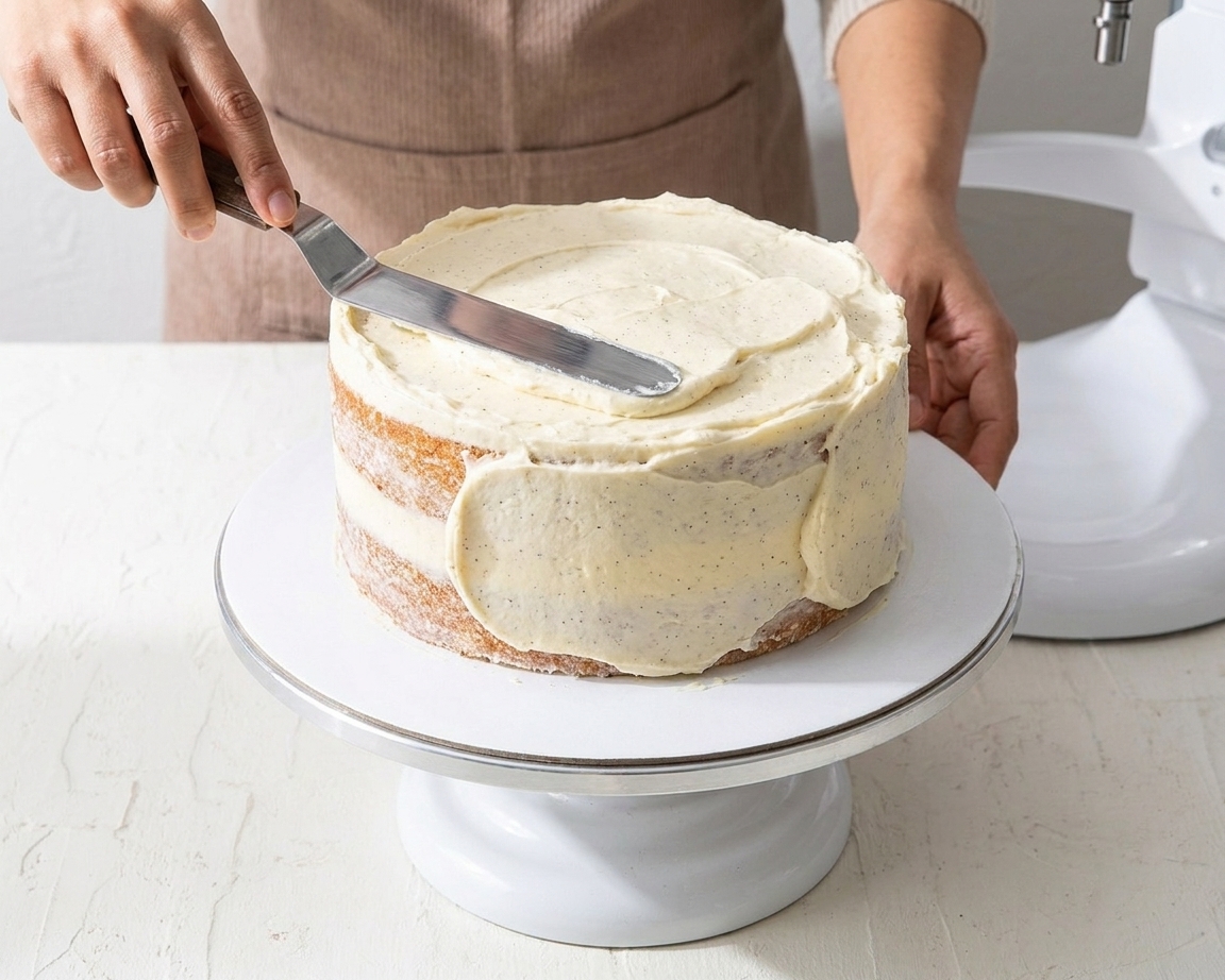 Hands using an offset spatula to spread vanilla buttercream onto a cooled layer cake on a rotating cake stand