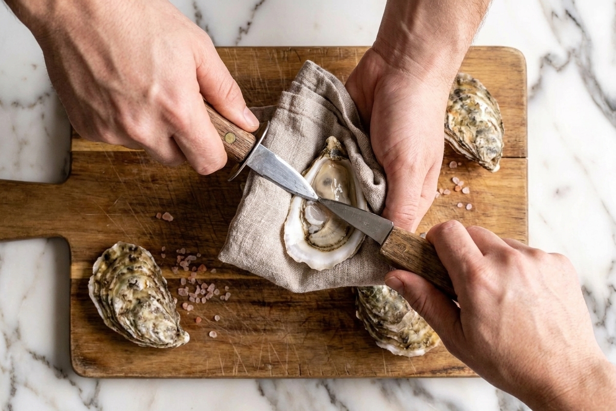 Hands using an oyster knife and a folded kitchen towel to shuck an oyster on a wooden cutting board