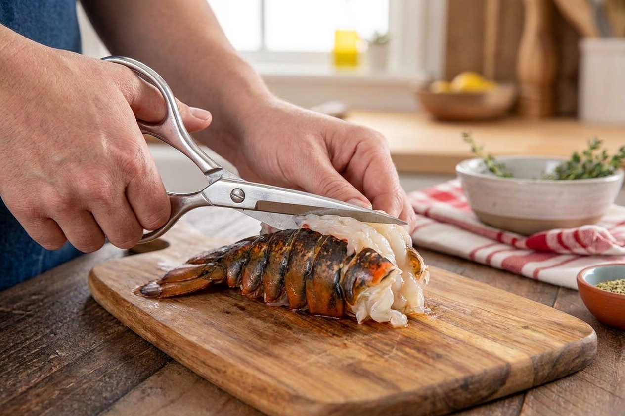 Hands using kitchen shears to cut down the center of a raw lobster tail shell on a cutting board in a home kitchen