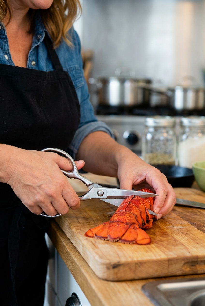Hands using kitchen shears to cut through a lobster tail shell on a cutting board