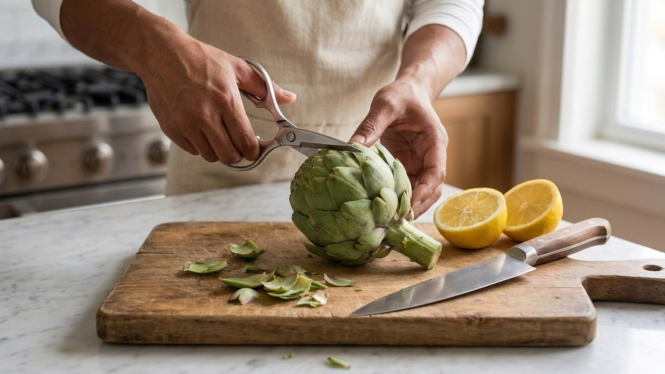 Hands using kitchen shears to snip the thorny tips from an artichoke on a cutting board in a home kitchen