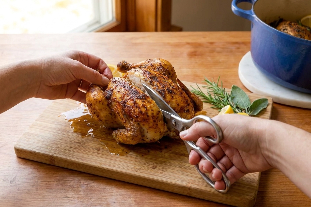 Hands using kitchen shears to split a roasted Cornish game hen in half on a cutting board with resting juices nearby