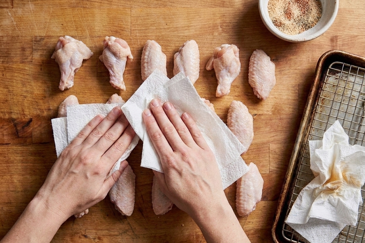 Hands using paper towels to pat chicken wings dry on a cutting board beside a rimmed baking sheet