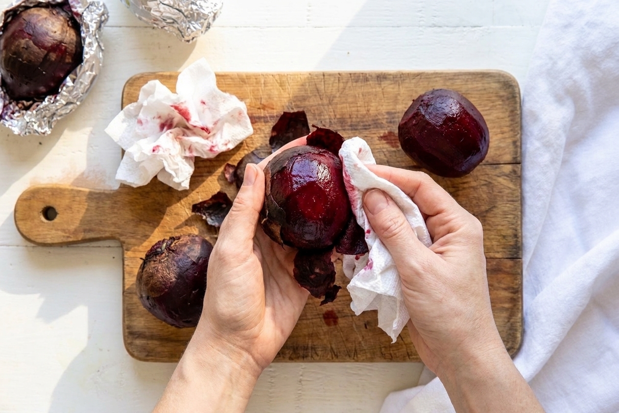 Hands using paper towels to rub the skin off a warm roasted beet on a cutting board in a home kitchen