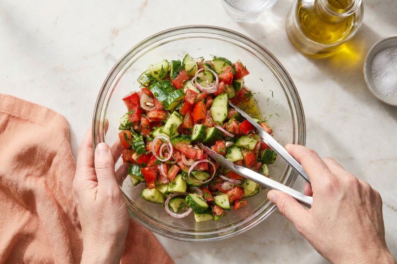 Hands using salad tongs to toss tomato cucumber salad in a large glass bowl on a bright kitchen counter