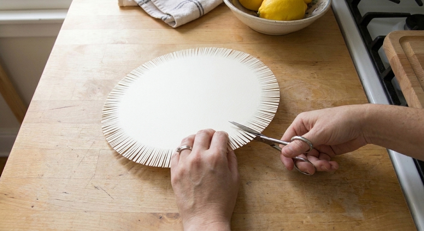 Hands using scissors to cut thin fringe around the edge of a bright cardstock circle on a kitchen counter