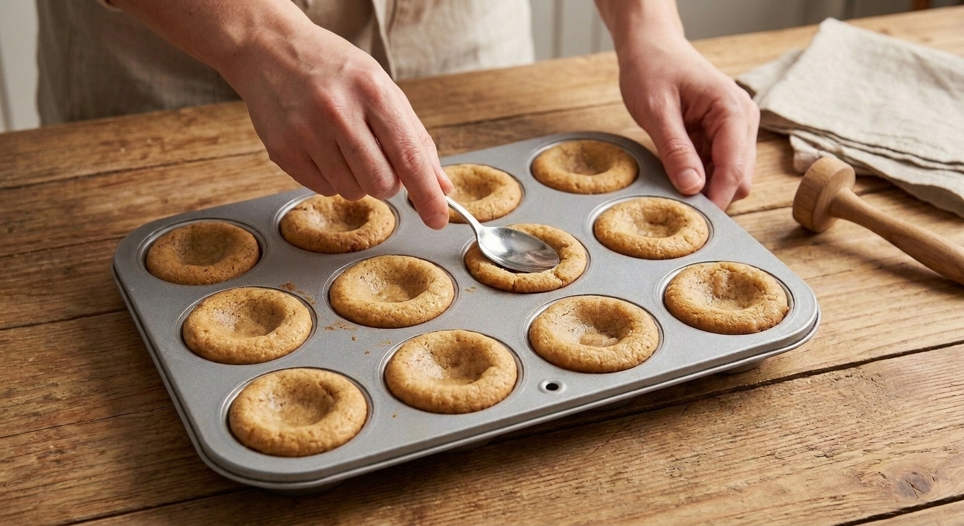 Hands using the back of a teaspoon to press hot baked cookie cups down in a muffin tin to form deeper wells