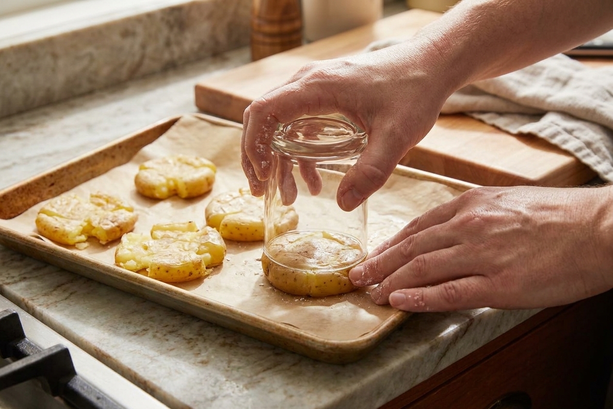 Hands using the bottom of a glass to smash tender boiled baby potatoes on a parchment-lined sheet pan on a kitchen counter