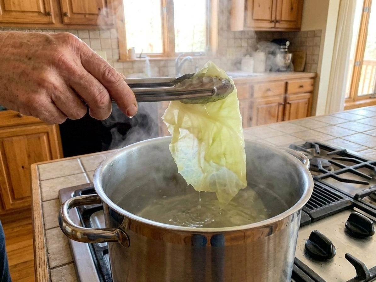 Hands using tongs to lift softened cabbage leaves from a steaming pot of boiling water on a stovetop