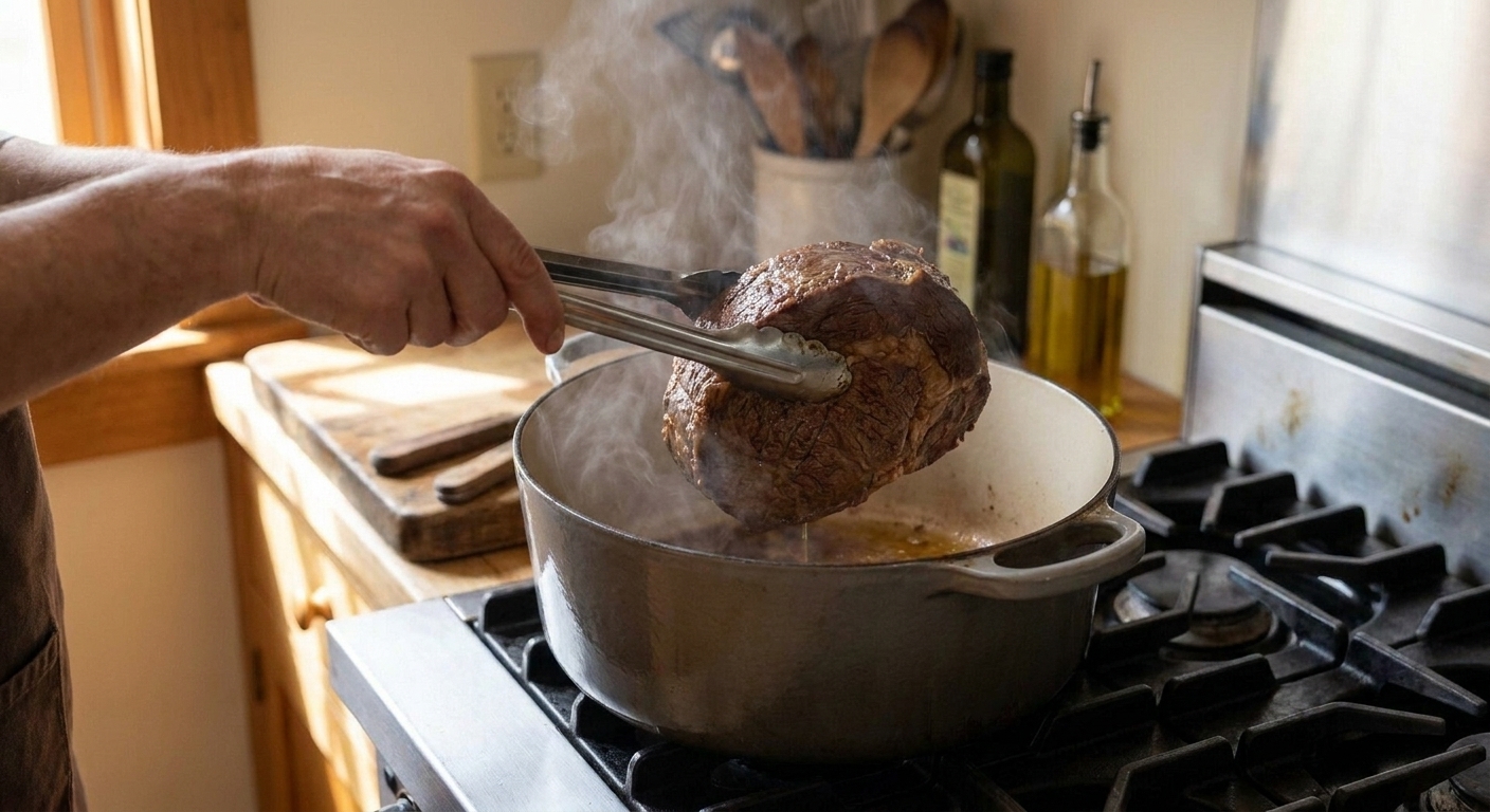 Hands using tongs to lower a marinated beef roast into a hot Dutch oven for searing on a stovetop with gentle steam rising