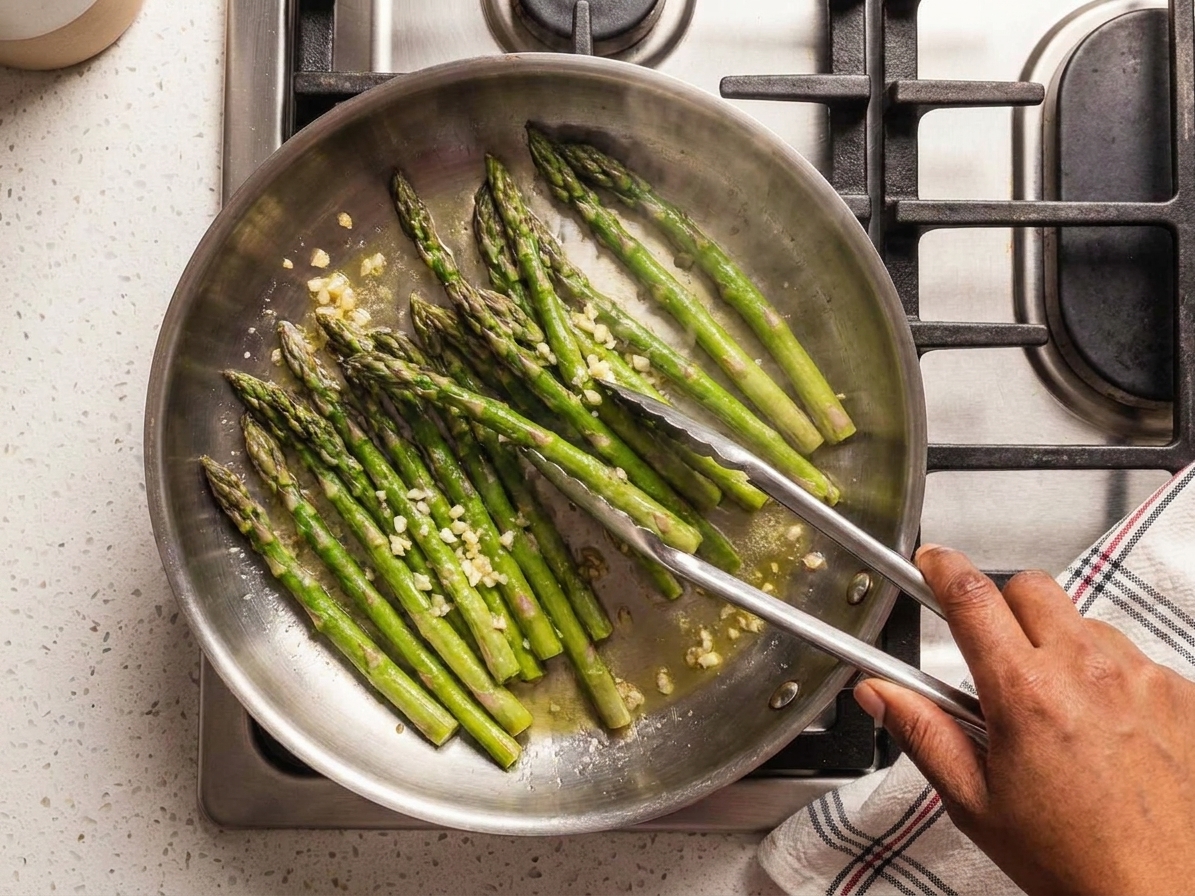 Hands using tongs to toss asparagus in a skillet as minced garlic and melted butter coat the spears
