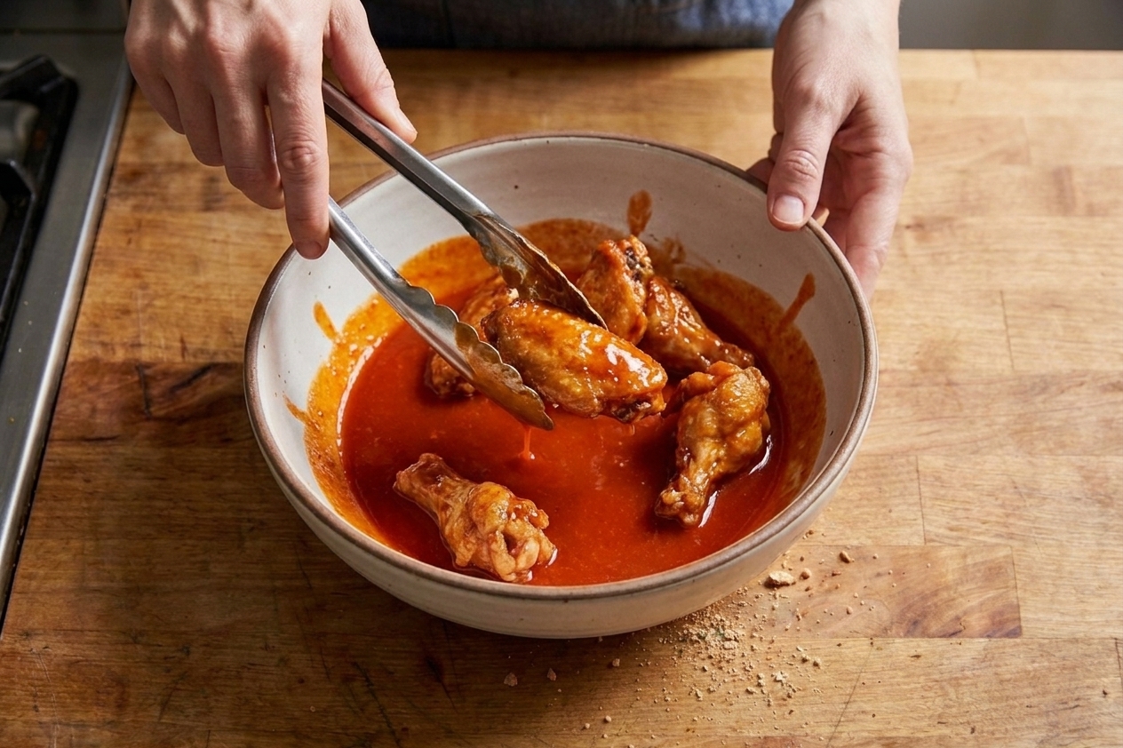 Hands using tongs to toss crispy wings in a large bowl of glossy Buffalo sauce on a kitchen counter
