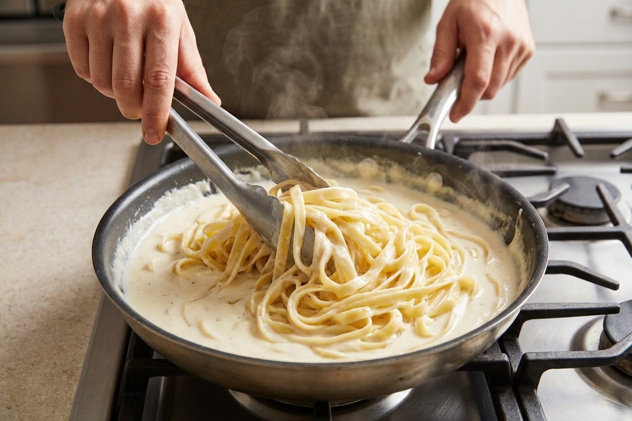 Hands using tongs to toss fettuccine in a skillet with creamy Alfredo-style sauce on a stovetop