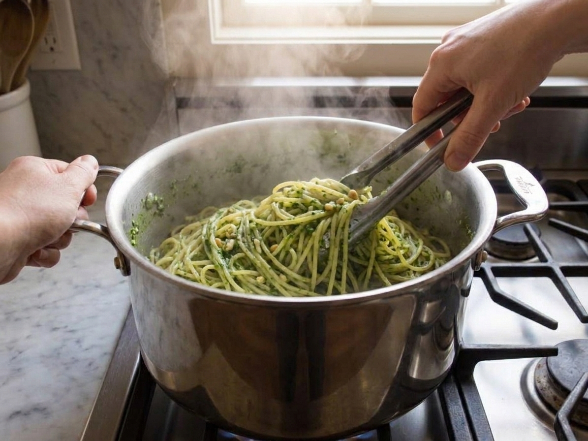 Hands using tongs to toss hot pasta with green watercress pesto in a large pot
