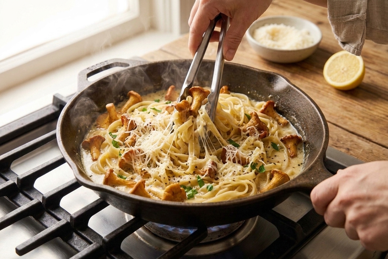 Hands using tongs to toss linguine in a creamy chanterelle sauce in a skillet, with Parmesan melting into the sauce