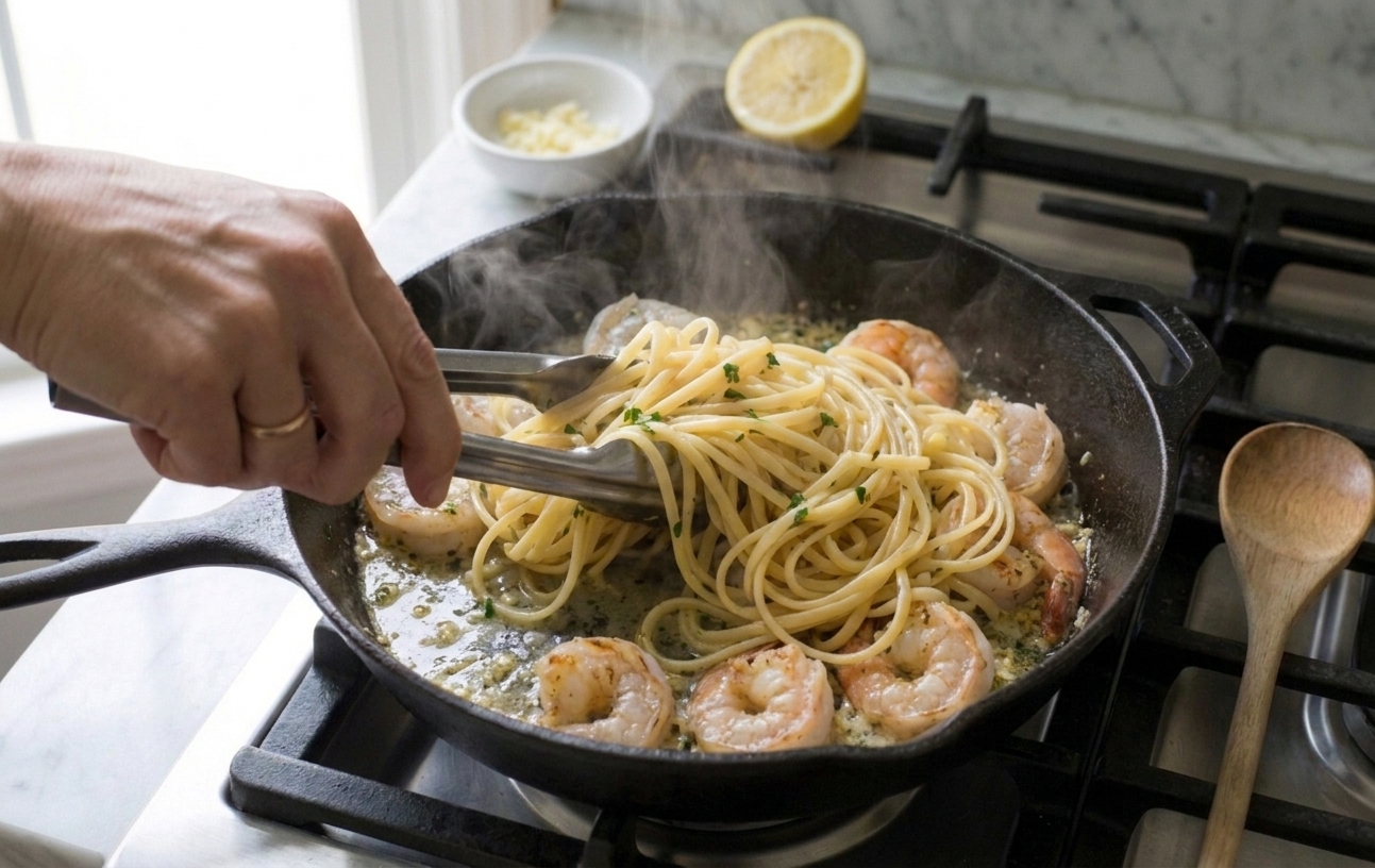 Hands using tongs to toss linguine in a skillet with a glossy lemon garlic sauce